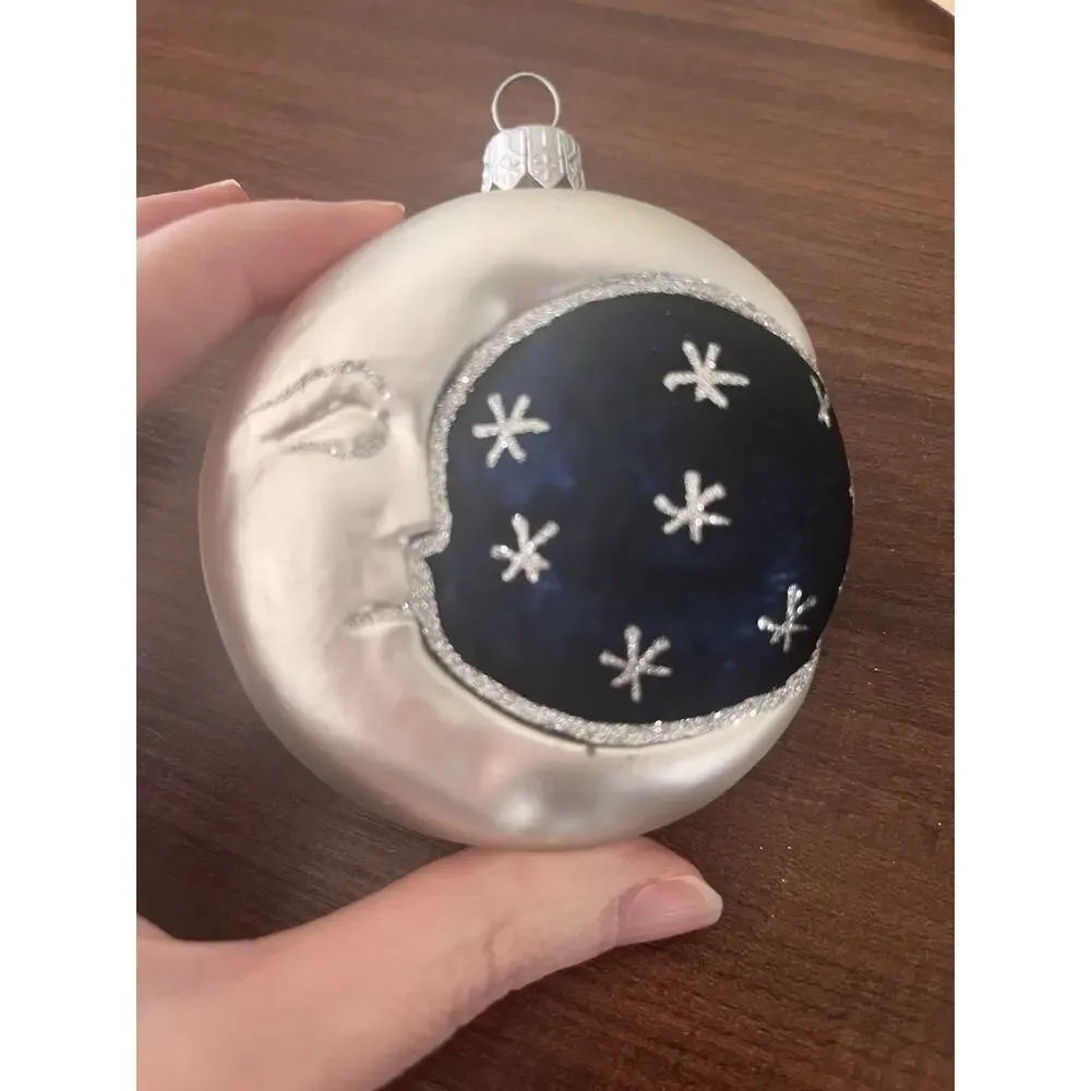 Man In The Moon Face Crescent Glass Christmas Ornament Vintage Double Sided